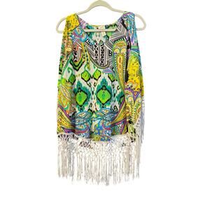 Chico's Multicolor Paisley Tunic with Fringe Size 1 Vacation Resort Wear Cruise